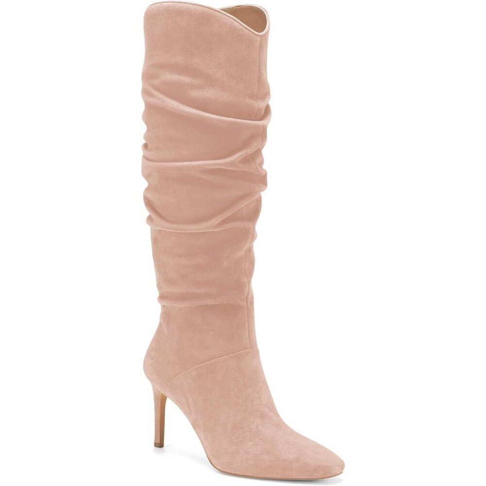WomenFaux SuedeLight Pink Knee High Almond Toe Side Zipper Stiletto Heel Booties